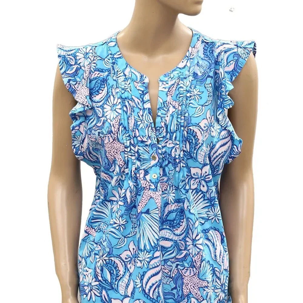 Lilly Pulitzer Golda Blouse Top Amalfi Sound The Sirens Cotton Printed S 288254